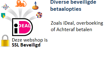 Betaalmogelijkheden zoals iDeal, Bank, Achteraf betalen, SSL Secure